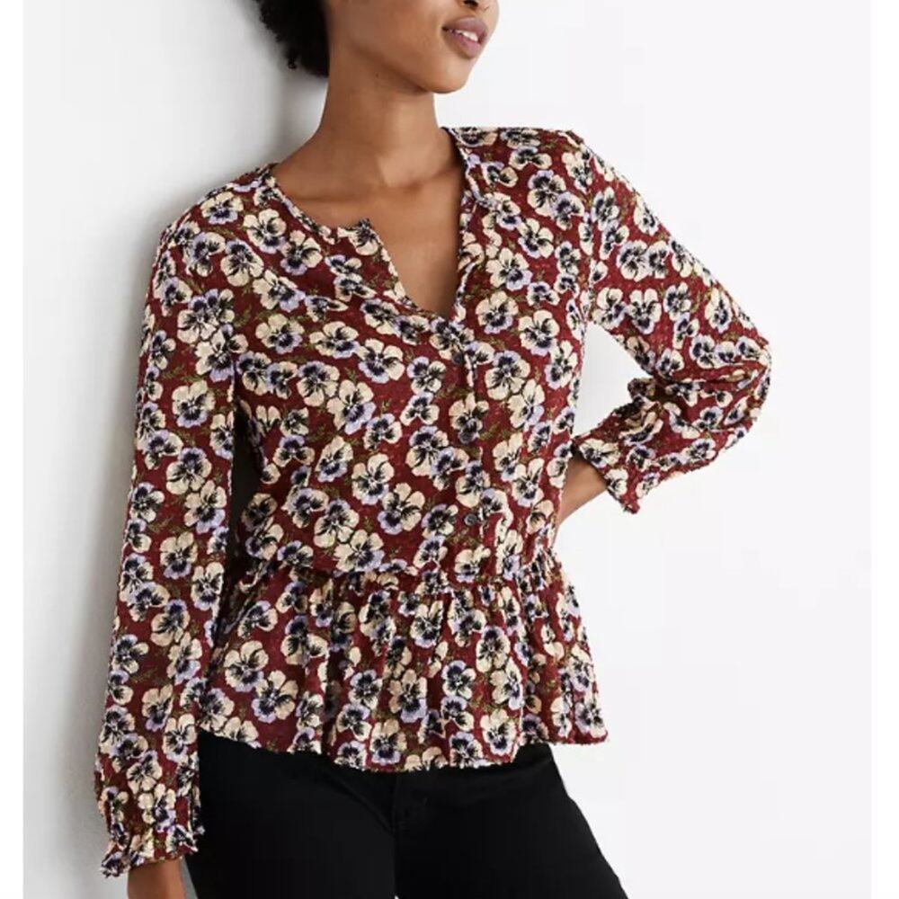 Madewell Drawstring Ruffle-Hem Top in Viola Floral